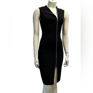 Stella Luce Elegant Fitted Black Midi Dress with Off Side Front Zipper